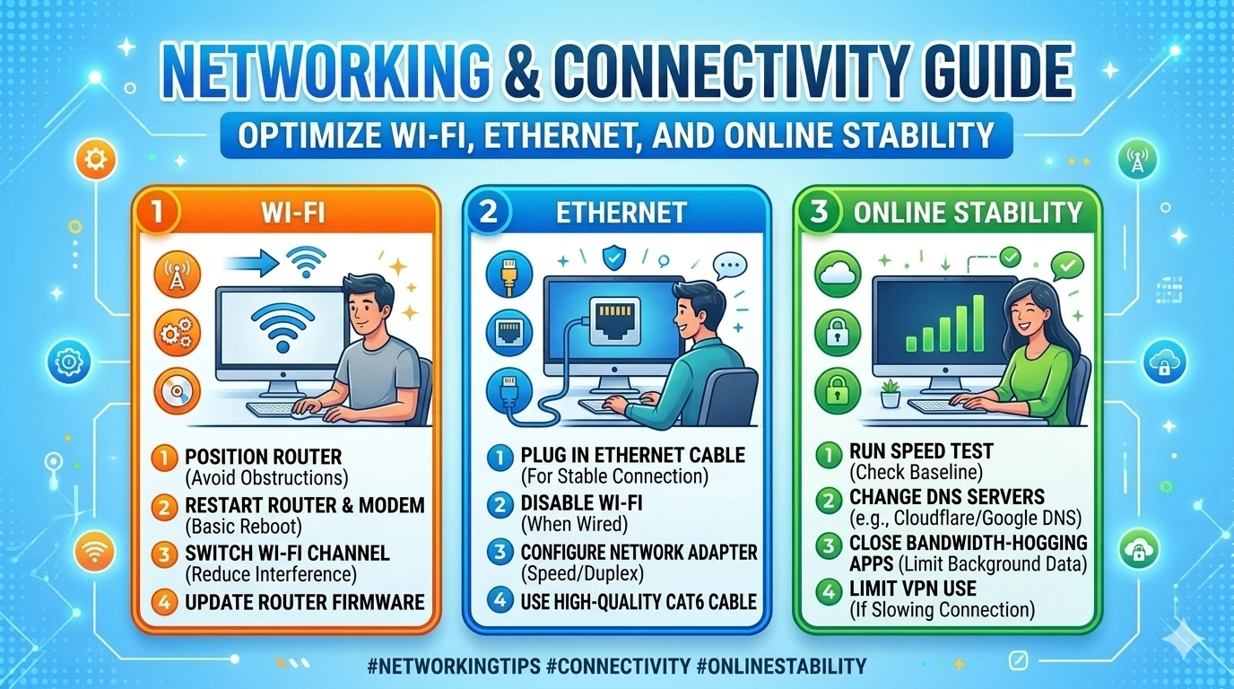 Networking & Connectivity Guide: Optimize Wi‑Fi, Ethernet, and Online Stability