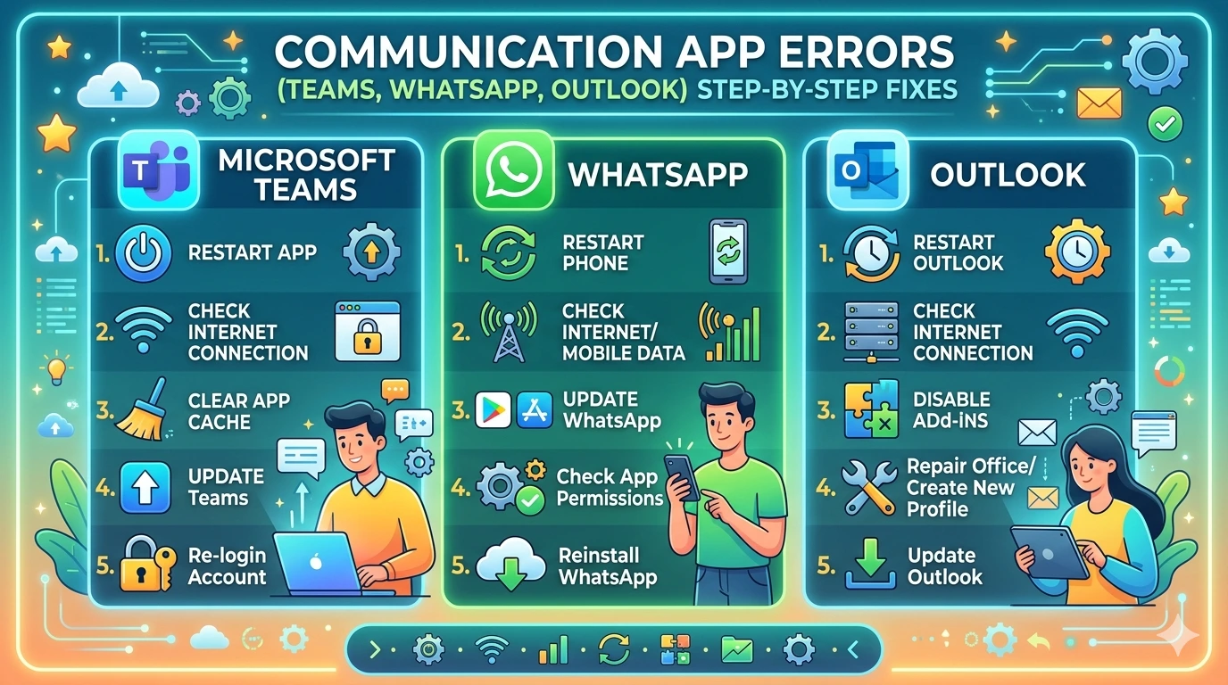 Communication App Errors (Teams, WhatsApp, Outlook) Step‑by‑Step Fixes