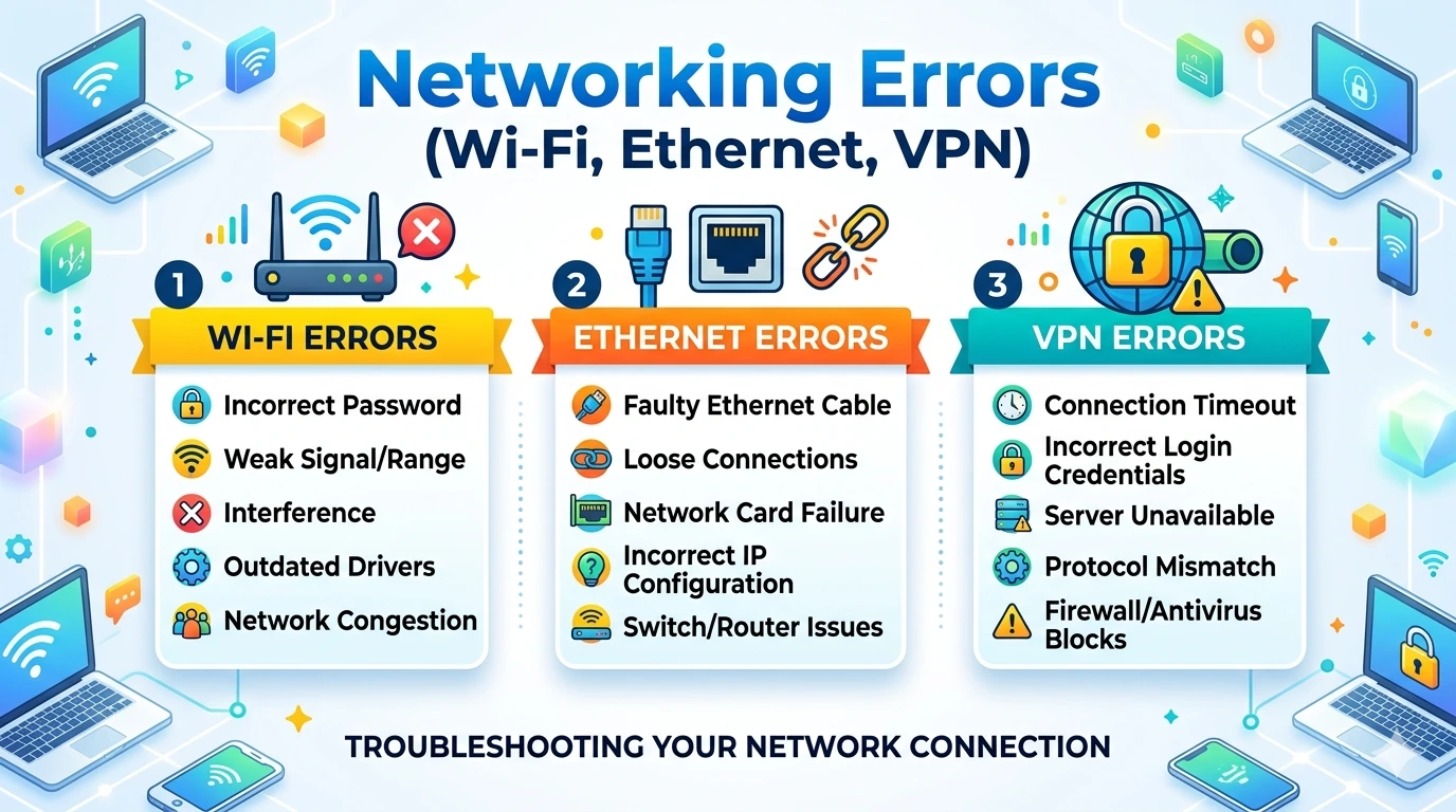 Networking Errors (Wi‑Fi, Ethernet, VPN)