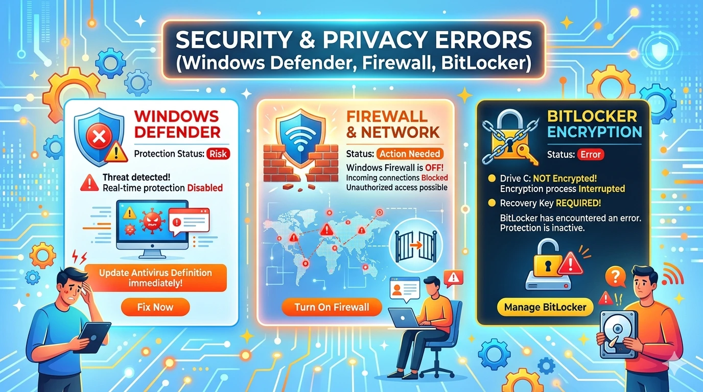 Security & Privacy Errors (Windows Defender, Firewall, BitLocker)